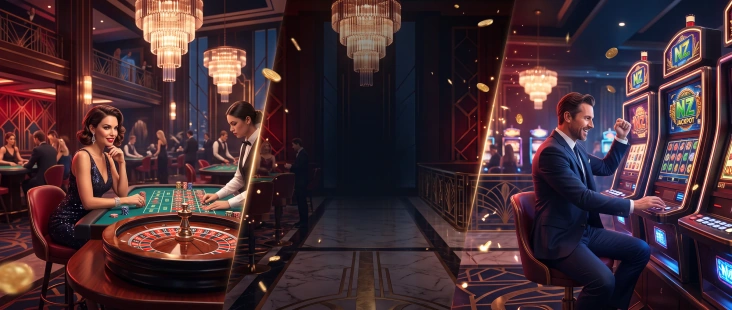 An art-deco casino hall illuminated by chandeliers