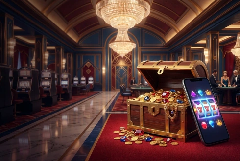Gold coins in a treasure chest beside a phone showing glowing reels